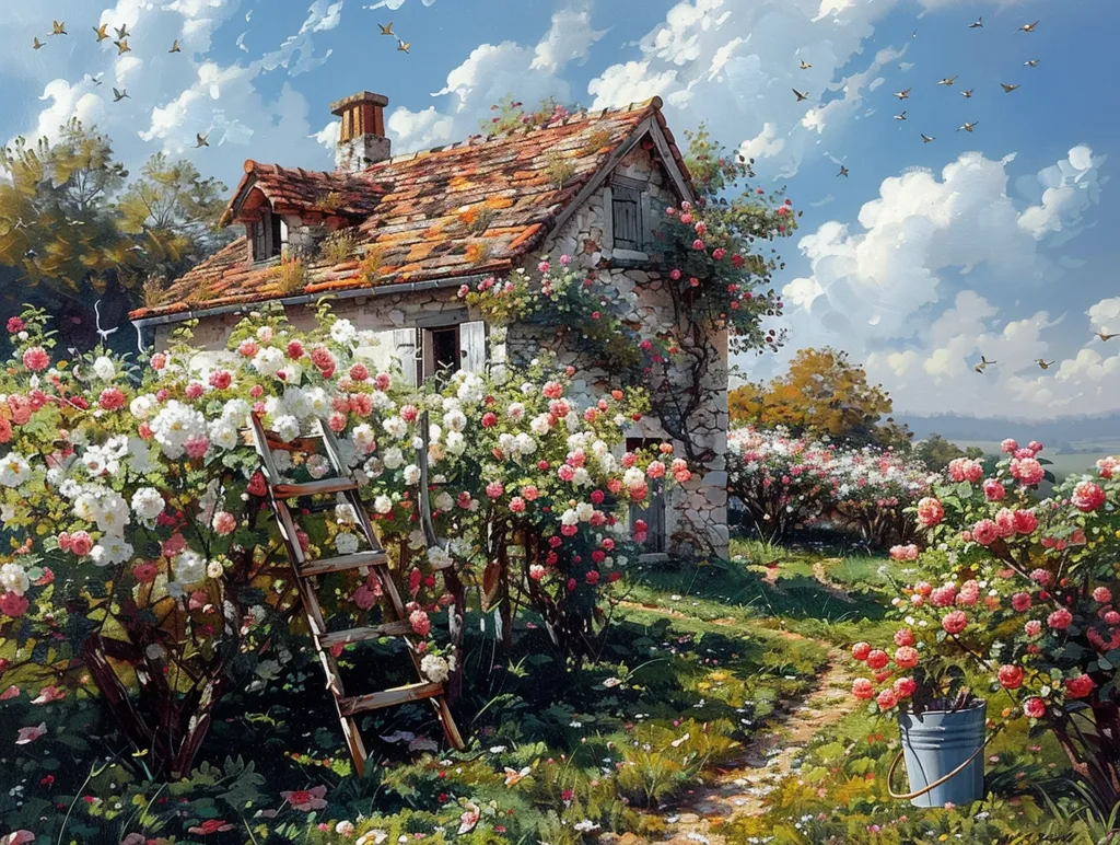 The image is of a small stone cottage with a red roof. It is surrounded by a lush garden of roses. There is a ladder leaning against the side of the cottage. A blue sky with white clouds is overhead and birds are flying around.