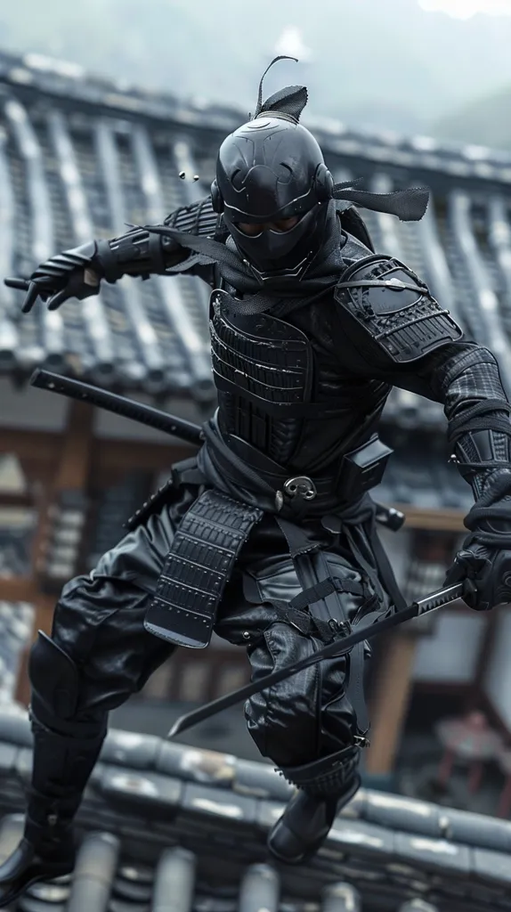 The image shows a ninja, a type of covert agent or mercenary in feudal Japan. He is dressed in black and wearing a mask. He is armed with two swords and is jumping over a rooftop. The background is blurred, but it looks like there are buildings in the distance. The ninja is in mid-air, and his body is twisted in a dynamic pose. He looks like he is about to land on the other side of the roof. The image is full of action and suspense.