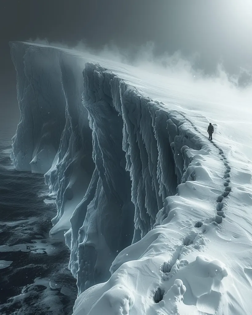 The image shows a person walking on a narrow snow-covered ridge. There is a steep drop-off on one side of the ridge and a large body of water on the other. The person is wearing a warm coat and a hat and is carrying a backpack. The sky is dark and cloudy. The image is both beautiful and awe-inspiring. It reminds us of the power of nature and the human spirit.