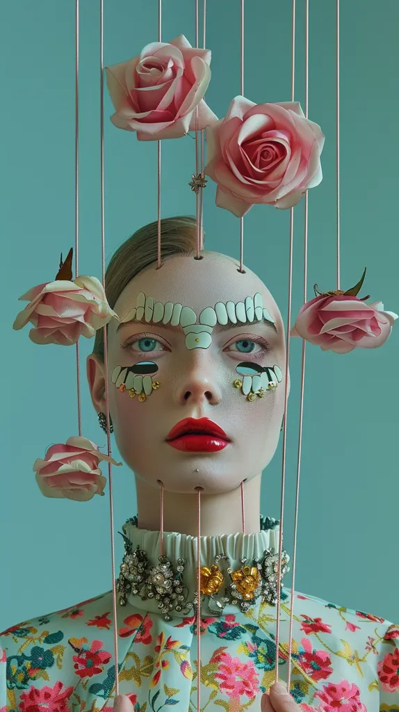 puppet on strings, Pre-Raphaelite ,full body portrait, modern contemporary photography, futeristic, artistic, multiple faces morphing into shapes, shape-shifting,abstract, eyes, beautiful facial features, teeth,grills, negative inverted space, bright pastel colours, botanicals, magazine style,surrealism, shapes, still life, Cinestill 800T, surreal jewellery, albino features, pink glitzy, couture fashion, hyperrealistic, ultra-detailed, --ar 9:16 --v 6.0