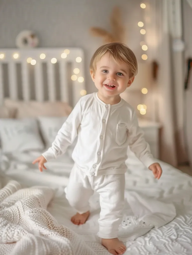 The image shows a toddler boy in white pajamas standing on a bed. The boy has blond hair and blue eyes, and he is smiling at the camera. The bed is covered in a white blanket and there are fairy lights in the background. The boy is barefoot and his feet are slightly apart. He looks happy and carefree.