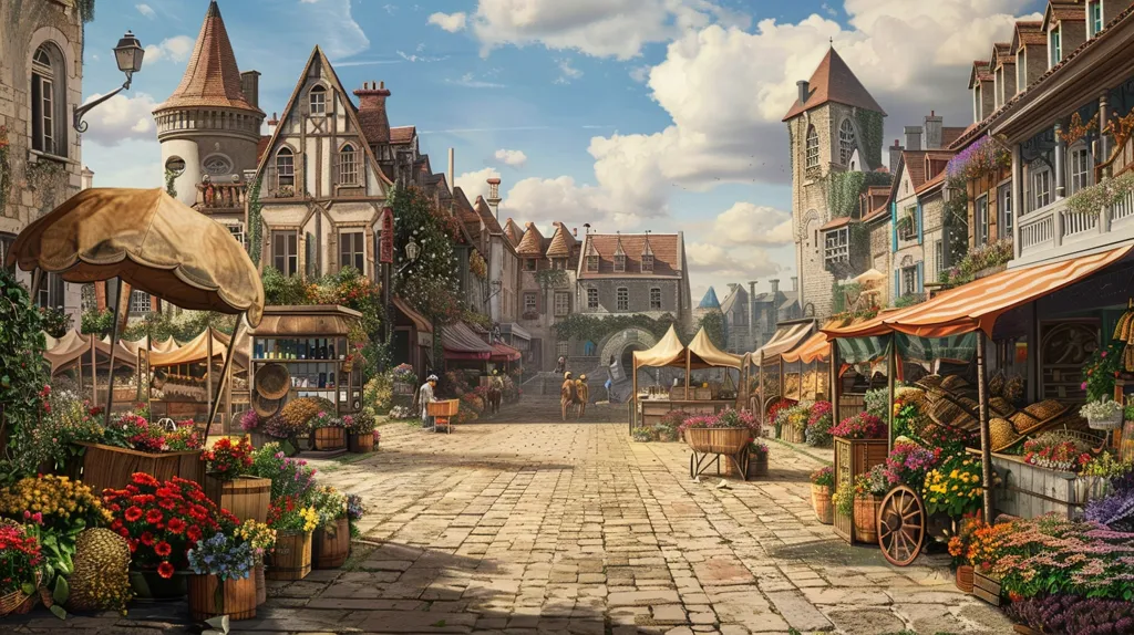 The image is a painting of a medieval European town. The town is surrounded by a wall and has a large gate in the center. The streets are made of cobblestone and lined with half-timbered houses. There are many people in the streets, including merchants, shoppers, and children playing. The painting is very realistic and captures the atmosphere of a medieval town.