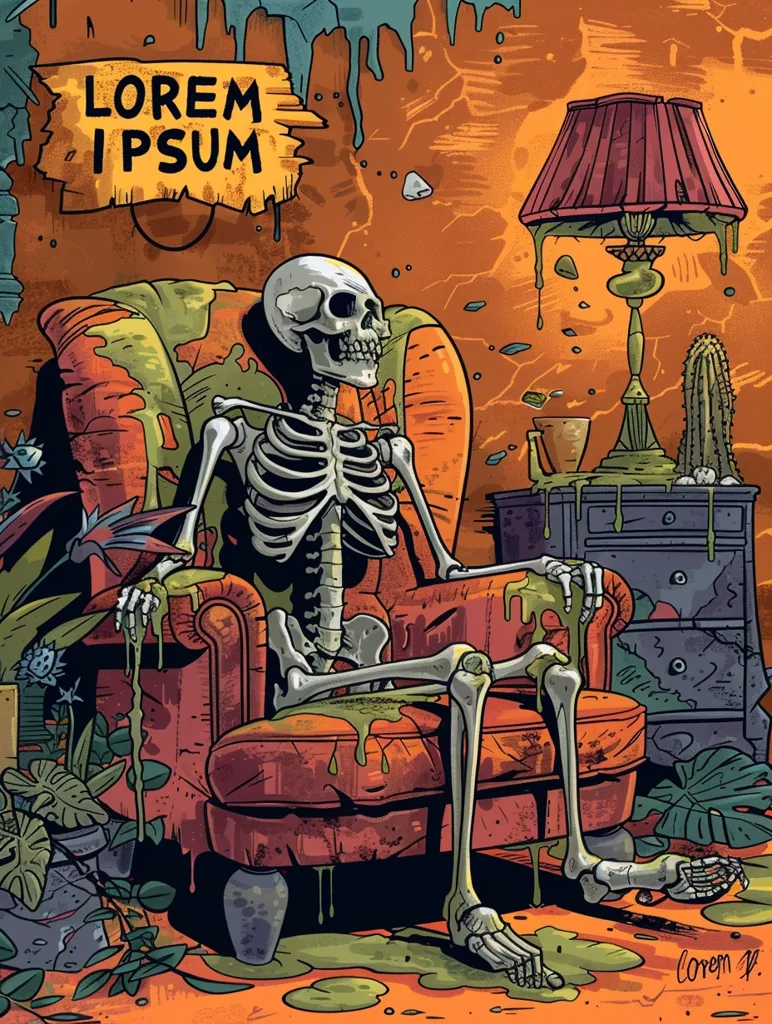 The image is a skeleton sitting in a chair. The skeleton is wearing a hat and smoking a cigarette. The chair is in a room that is decorated with strange and unusual objects. There is a lamp on the floor next to the chair. The lamp is made of a skull and a bone. There is a picture on the wall behind the chair. The picture is of a man and a woman. The man and the woman are both skeletons. The image is drawn in a realistic style. The colors are muted and the lines are thin. The image has a dark and eerie atmosphere.