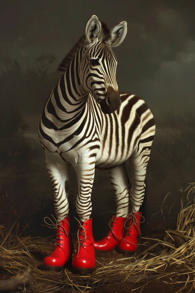 The image is a painting of a zebra wearing red boots. The zebra is standing on a bed of hay and is looking out at the viewer. The painting is done in a realistic style and the zebra is depicted in great detail. The red boots are a striking contrast to the zebra's black and white stripes and add a touch of whimsy to the painting.