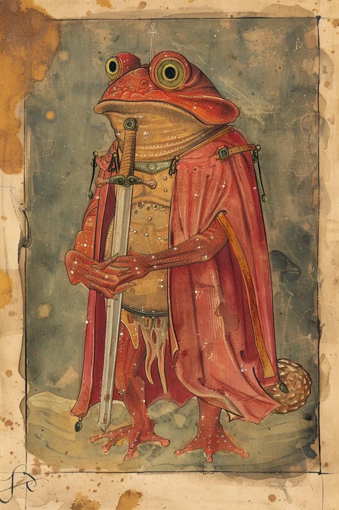 This image is a painting of a frog wearing a red cape and holding a sword. The frog is standing on a brown background, and there is a hint of a forest in the background. The frog has a determined expression on its face, and it seems ready to fight. The painting is done in a realistic style, and the artist has used shading to create depth and dimension.