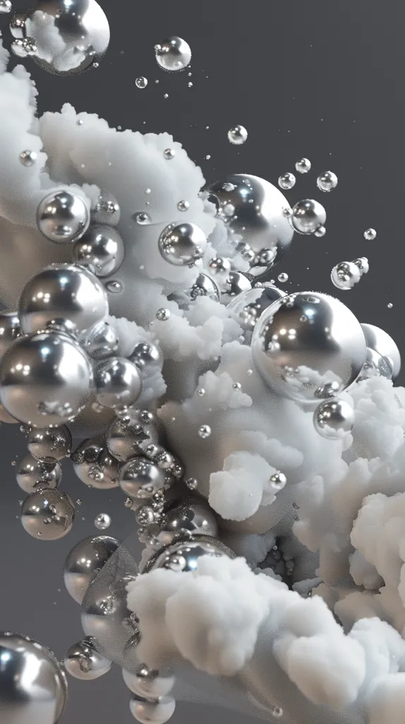 The image is a 3D rendering of a cloud of white spheres. The spheres are of different sizes and appear to be floating in a dark void. The surface of the spheres is reflective, and they reflect the light from a source that is not visible in the image. The image has a surreal and dreamlike quality, and it is not clear what the spheres represent.