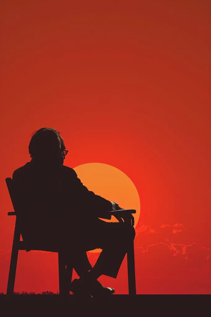 This is a picture of a man sitting on a chair and watching the sunset. The sky is a bright orange color, and the sun is just sinking below the horizon. The man is wearing a hat and sunglasses, and he has his hands resting on the arms of the chair. He is sitting in a relaxed position, and he appears to be enjoying the sunset.