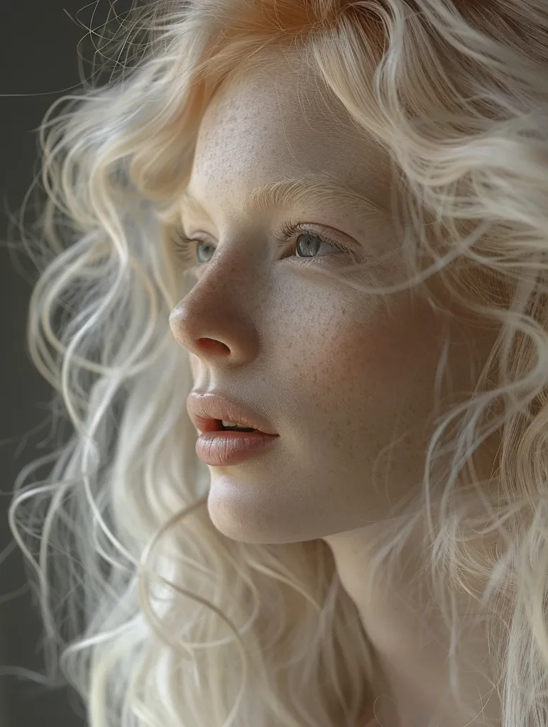 The image is a portrait of a young woman with very pale skin, light freckles, and curly blonde hair. She is looking to the right of the frame with her lips slightly parted. The background is out of focus and is a darker color than her skin. The overall effect of the image is one of ethereal beauty.