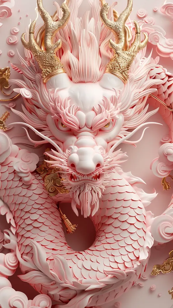 A pink and white dragon is depicted in the image. The dragon has golden antlers and is covered in pink and white scales. The dragon's eyes are red and it has a long, forked tongue. The background is a light pink color and there are clouds and other decorations in the background.