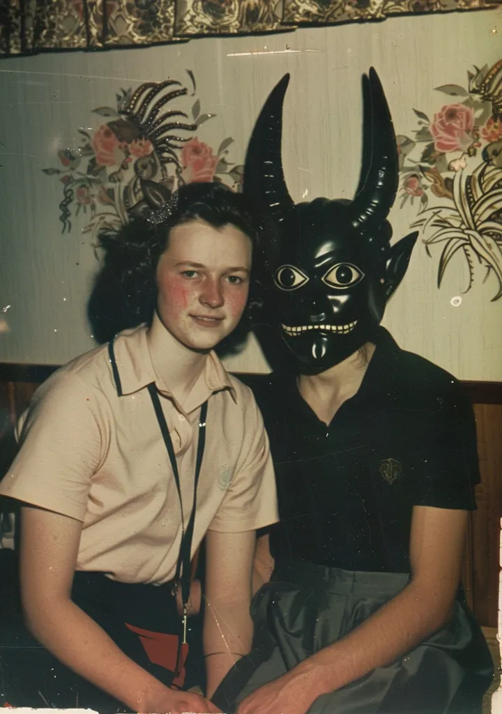 A young woman with short brown hair and a pink headband is sitting next to a person in a black devil mask. The woman is wearing a pink blouse and the person in the mask is wearing a black shirt. They are both sitting on a couch in front of a floral wallpapered wall.