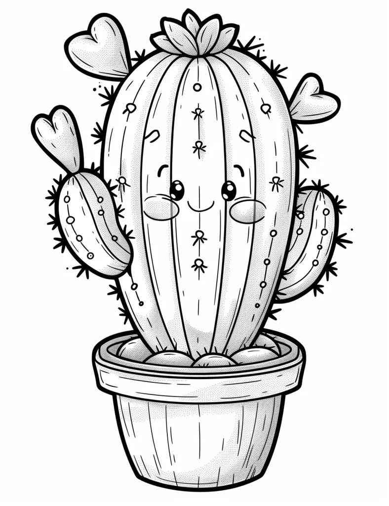 This is a black and white illustration of a cactus in a pot. The cactus has a heart-shaped face with a small smile. There are three heart-shaped objects above the cactus and four heart-shaped objects on the cactus. The cactus has many small spikes all over its body. The pot has a geometric design around the top and a small line design around the bottom.
