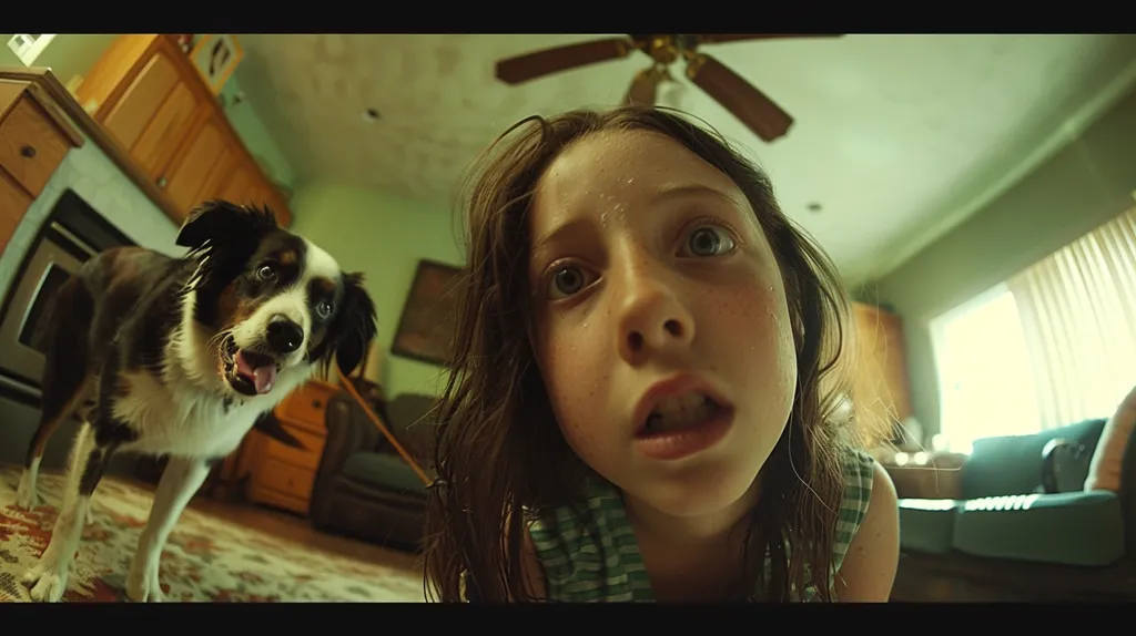Cinematic still, film by Steven Spielberg, Gopro first person view, close up of 12 year old girl and a dog singing into a microphone in the living room, 35mm, wide angle --ar 16:9