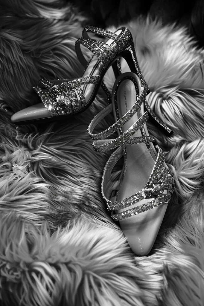 A pair of sparkly silver high heels with ankle straps are laying on a white fur style rug. The left shoe is laying on its side, the right shoe is standing upright showing off the straps that go up the ankle.