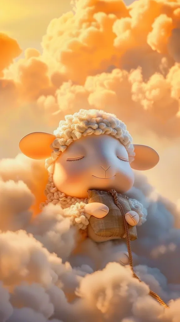 The image shows a cute and fluffy white lamb sleeping on a soft cloud. The lamb is lying on its side with its head resting on a pillow. It has a peaceful expression on its face and seems to be enjoying its sleep. The lamb is surrounded by fluffy clouds and there is a warm glow of light around it. The image is very calming and peaceful.