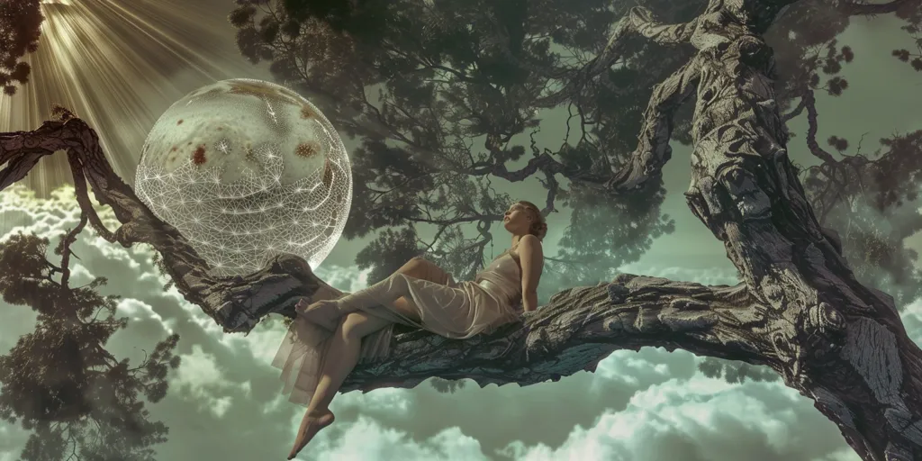 The surreal image shows a woman wearing a white dress sitting on a large tree branch. The woman is leaning against the trunk with her eyes closed and her legs dangling over the edge. A large, glowing moon is in the background, and there are clouds and stars in the sky. The image is full of mystery and wonder, and it invites viewers to imagine what is happening in the woman's dream.