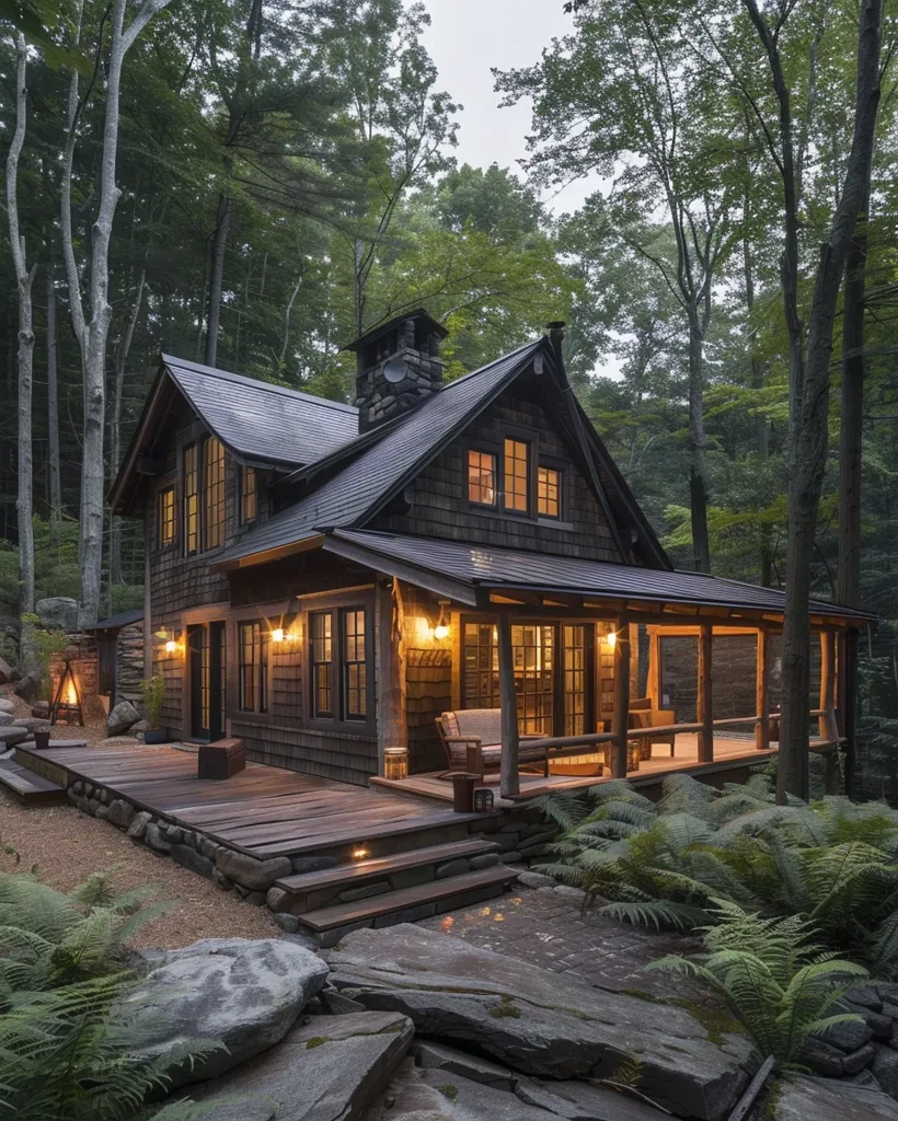 The image is a beautiful cabin in the woods. The cabin is made of wood and has a large porch with a swing. There are trees all around the cabin and it looks very peaceful. There is a stone path leading up to the cabin and there are some ferns growing on the side of the path. The cabin is surrounded by trees.