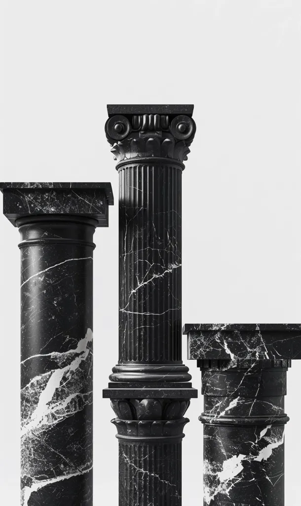 The image shows three black marble columns of different heights on a white background. The columns are all fluted, and the one in the middle is the tallest and has a more ornate capital than the other two.