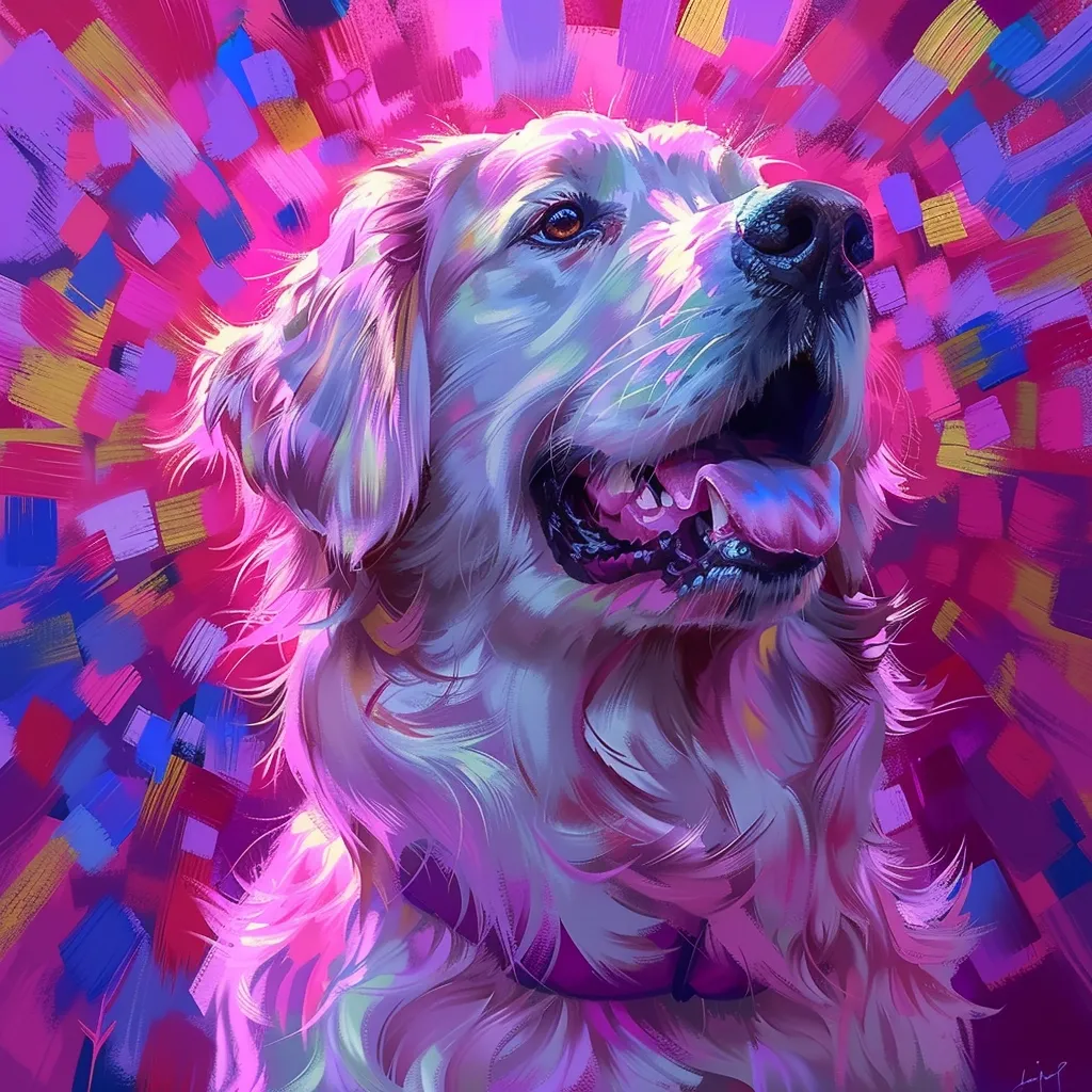 The painting is of a Golden Retriever. The dog is facing the viewer with its mouth open and its tongue hanging out. It has a collar on and its fur is a light golden color. The background is a bright, abstract pattern of colors.