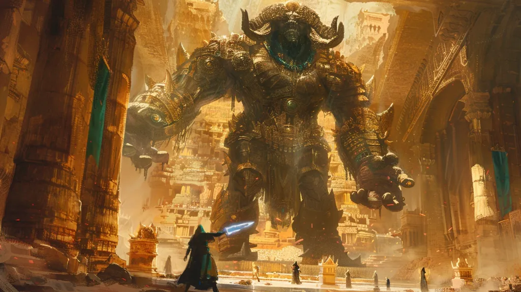 In the image, there is a giant monster with the head of a bull and the body of a man. It is standing in a ruined city, and there is a man standing in front of it. The man is holding a sword. The monster is made of stone, and the man is made of flesh and blood. The monster is much bigger than the man, and it is looking down at him. The man is not afraid, and he is looking up at the monster with defiance in his eyes.