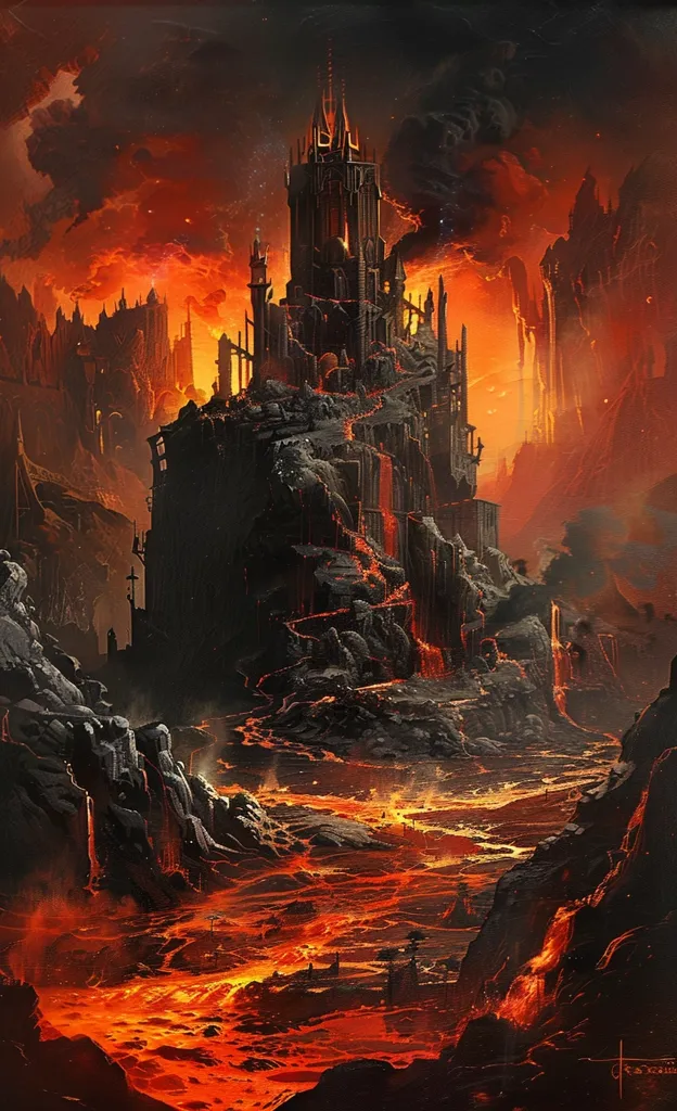 The image is of a dark and gloomy castle. The sky is red and the clouds are black. The castle is made of black stone and has a large tower. There is lava flowing down the side of the castle. The castle is surrounded by a moat of lava. The image is very dramatic and has a feeling of foreboding.