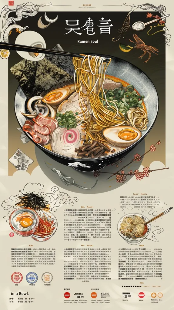 This is a picture of a bowl of ramen. The ramen is topped with a variety of ingredients, including pork, egg, and vegetables. The broth is rich and flavorful, and the noodles are perfectly cooked. The bowl is also decorated with a variety of traditional Japanese symbols, such as a red sun and a white crane. The overall effect is a beautiful and delicious dish that is sure to satisfy the soul.
