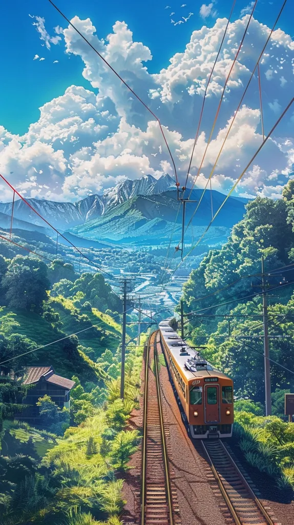 The image is of a train traveling through a valley. The train is yellow and white. The valley is green and mountainous. The sky is blue and cloudy. There are some houses and trees along the way. The image is peaceful and serene.