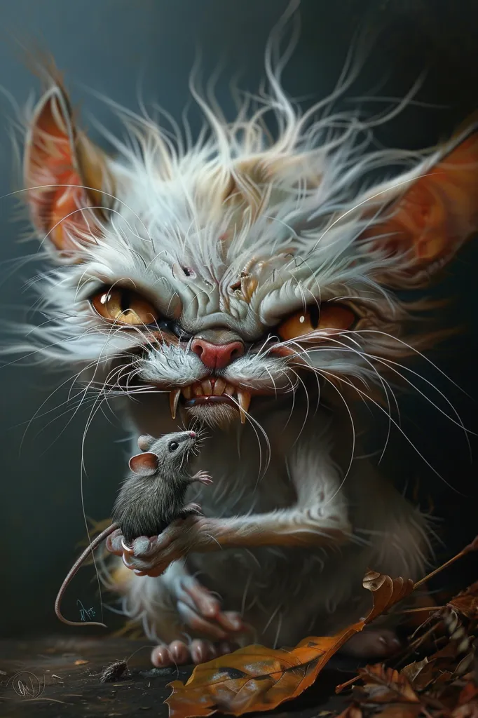 The image is a digital painting of a white cat with sharp teeth and claws. The cat is holding a mouse in its paw and is about to eat it. The cat's fur is long and matted, and its eyes are yellow and glowing. The background is a dark forest, and the ground is covered in leaves. The image is both creepy and fascinating, and it captures the viewer's attention.