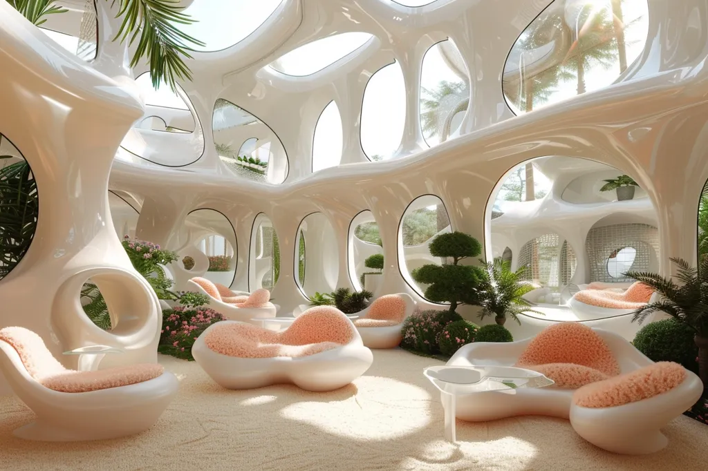 The image shows a futuristic interior space. The space is characterized by its organic, flowing forms and the use of soft, pastel colors. There are several seating areas, each consisting of a large, upholstered pod. The pods are arranged in a loose cluster in the center of the space. The space is lit by natural light, which streams in through the large windows. The overall effect is one of tranquility and luxury.