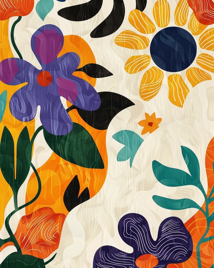 This is a digital art piece with a floral theme. The colors are vibrant and saturated, and the shapes are organic and flowing. The overall effect is one of harmony and balance. The flowers are the main focus of the piece, and they are depicted in a variety of colors and shapes. The leaves are also an important part of the composition, and they add a sense of depth and texture. The background is a light color, and it helps to bring out the colors of the flowers and leaves. The piece is full of energy and movement, and it seems to capture the beauty of nature.