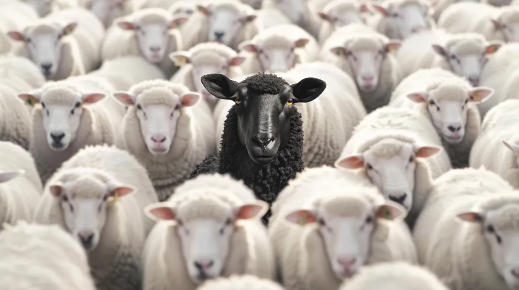 The image shows a flock of white sheep with one black sheep in the middle. The black sheep stands out from the rest of the flock, symbolizing individuality and nonconformity. The image can be interpreted in different ways, but it is often seen as a metaphor for the importance of being different and not being afraid to stand out from the crowd.