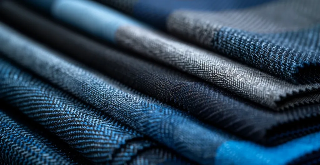 The image shows a stack of folded blue and gray fabrics. The topmost fabric is a bright blue with a herringbone pattern. The next fabric is a dark blue with a small-scale geometric pattern. The third fabric is a medium-dark blue with a herringbone pattern, and the bottom fabric is a dark gray with a herringbone pattern.