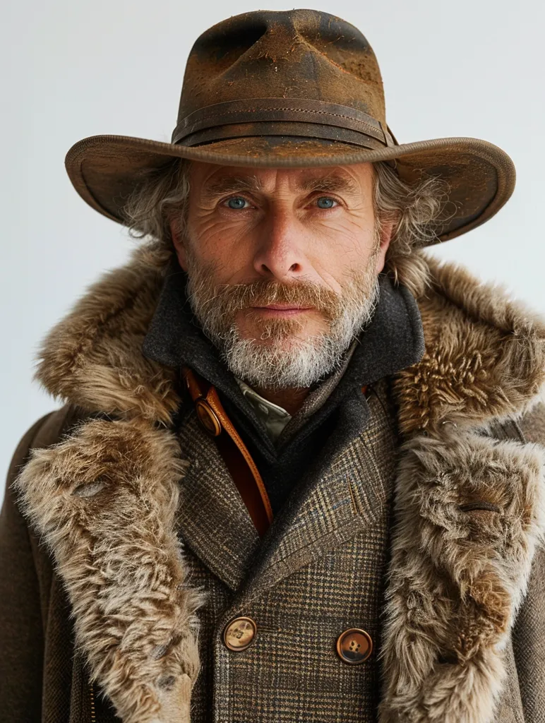 The man is wearing a brown fur coat with a shearling lining. He is also wearing a brown felt hat and a light brown shirt. He has a beard and his hair is gray. He is looking at the camera with a serious expression.