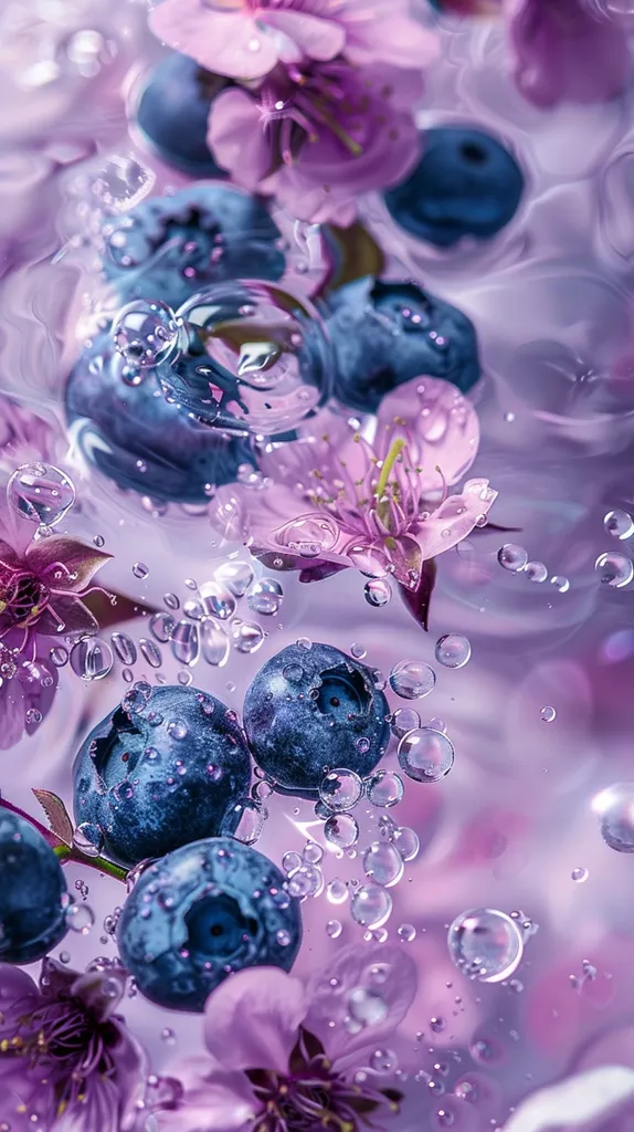 A close-up image of blueberries and cherry blossoms floating in water. The blueberries are dark blue and plump, and the cherry blossoms are a delicate shade of pink. The water is clear and has a few small bubbles floating on the surface. The image is very calming and peaceful.