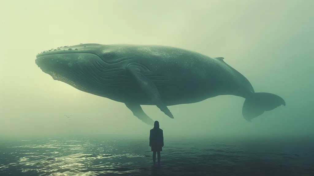 The image is a surreal painting of a giant whale floating in the sky. The whale is blue and white, and it is surrounded by a thick white mist. The whale's eye is closed, and it looks as if it is sleeping. A small figure stands on the ground in front of the whale. The figure is wearing a long black coat, and it is looking up at the whale. The painting is full of mystery and wonder, and it leaves the viewer wondering what is happening and what will happen next.