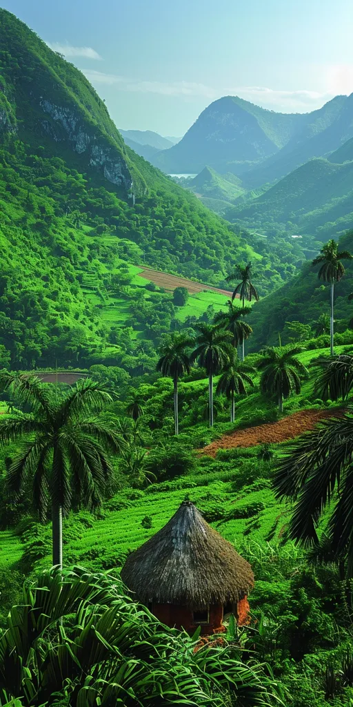 The image is of a beautiful landscape with a lush green valley and mountains in the background. The valley is filled with palm trees and other tropical vegetation. There is a small hut nestled in the trees. The mountains are covered in mist and the sky is a clear blue. The image is very peaceful and serene.