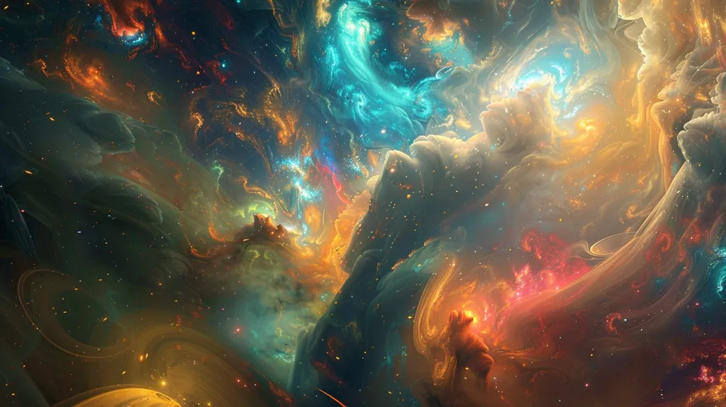 The image is an abstract painting of a space nebula. It has a dark blue background with bright, swirling clouds of gas and dust. The clouds are mostly blue, green, and yellow, with some orange and pink. There are also many small, bright stars scattered throughout the image. The nebula is in the shape of a spiral, with a bright center and long, trailing arms. It is a very beautiful and awe-inspiring image.