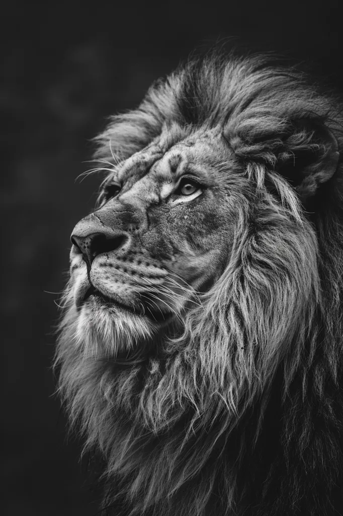 The image shows a majestic lion staring off into the distance. Its eyes are narrowed and its ears are perked up, suggesting that it is alert and aware of its surroundings. Its mane is dark and full, and its fur is sleek and well-groomed. The background is dark, which helps to make the lion stand out. The overall effect of the image is one of strength, power, and regality.