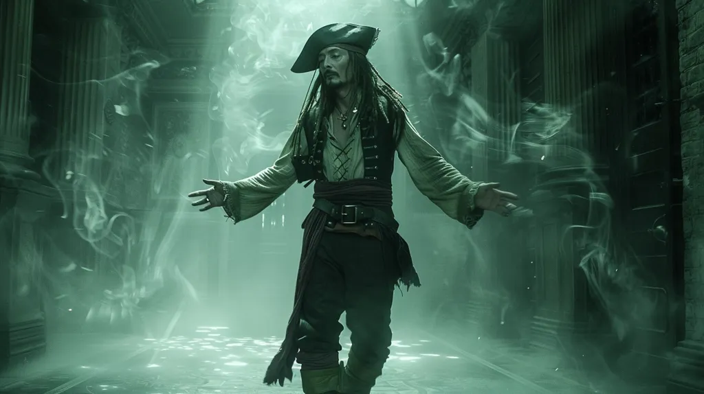 This is a picture of Captain Jack Sparrow from the Pirates of the Caribbean movies. He is standing in a dark place with his arms outstretched. He is wearing a hat, a vest, and a sword. He has long hair and a beard. He looks like he is ready for a fight.