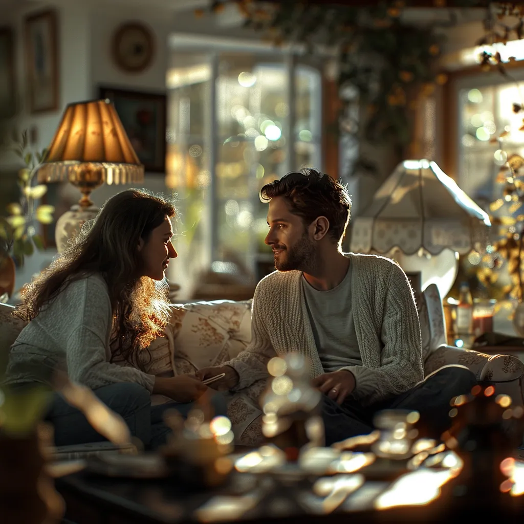 The image shows a man and a woman sitting on a couch in a living room. The woman is facing the man and smiling. The man is looking at the woman and smiling. There is a lamp on the table next to them. There are two other lamps in the room. There is a window in the background. The room is decorated with plants and other knick-knacks. The overall mood of the image is warm and inviting.