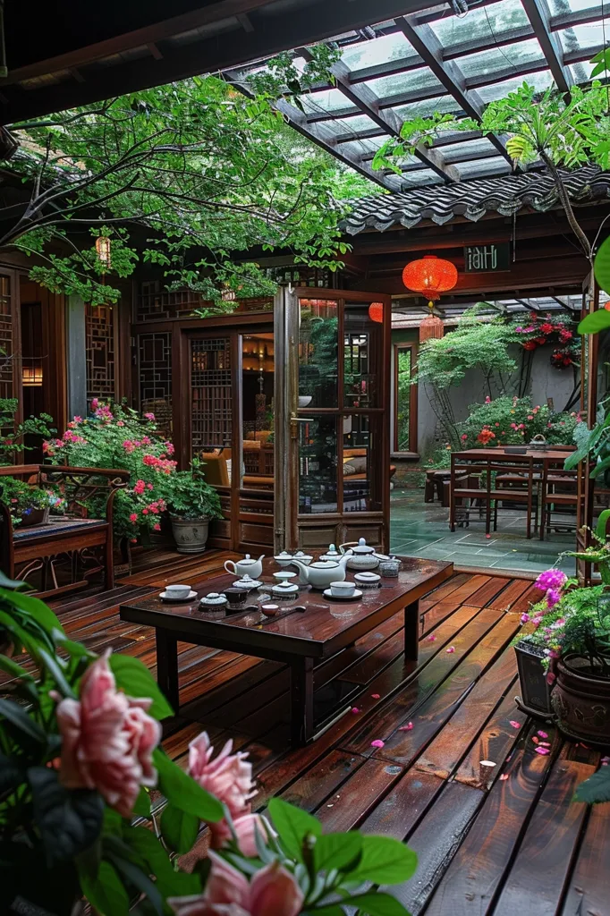 The image shows a beautiful Chinese courtyard with a wooden deck surrounded by lush greenery. There is a wooden table with a set of teacups on it. The courtyard is decorated with colorful flowers and plants, and there is a red lantern hanging from the ceiling. The overall atmosphere is one of peace and tranquility.