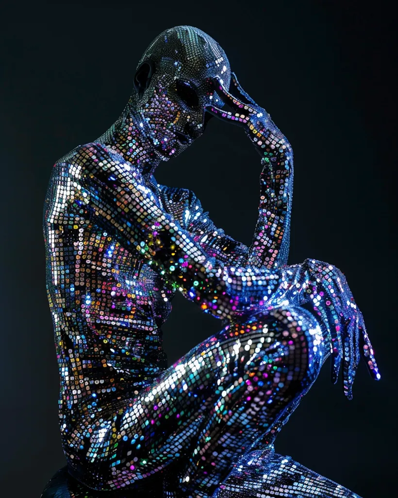 The image is a photo of a person in a full body suit made of tiny mirrors. The person is sitting with their head in their hands and their legs crossed. The suit is reflecting the light from the surrounding environment, creating a dazzling display of color and light. The person's face is obscured by the suit, but their body is perfectly visible. The image is both beautiful and eerie, as it is not clear if the person is real or a mannequin.