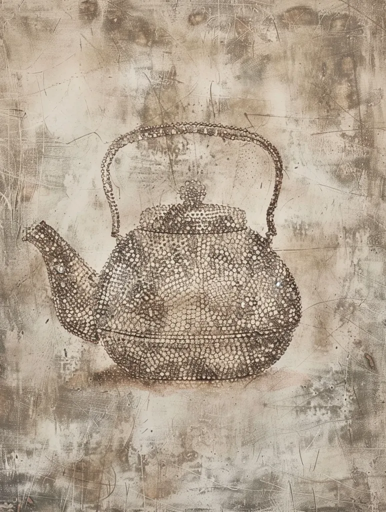 The image is a drawing of a teapot. It is made with black ink on a beige background. The teapot has a round body, a spout, and a handle. The handle is curved and the spout is pointing to the left. The teapot is decorated with a pattern of small circles. The image is simple and elegant.