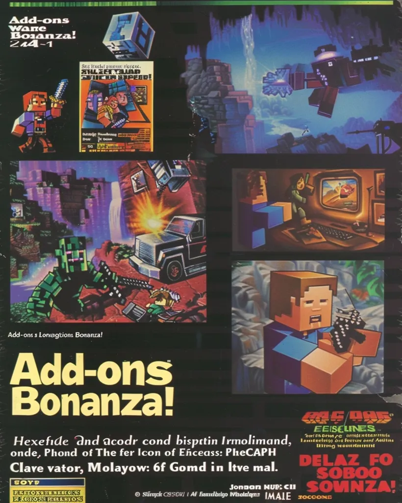 The image is an advertisement for a video game called "Add-ons Bonanza". The ad features several screenshots of the game, which is a first-person shooter. The screenshots show the player character fighting against various enemies, including zombies, skeletons, and creepers. The ad also lists some of the features of the game, such as the ability to play with friends online, and the ability to create your own custom maps.