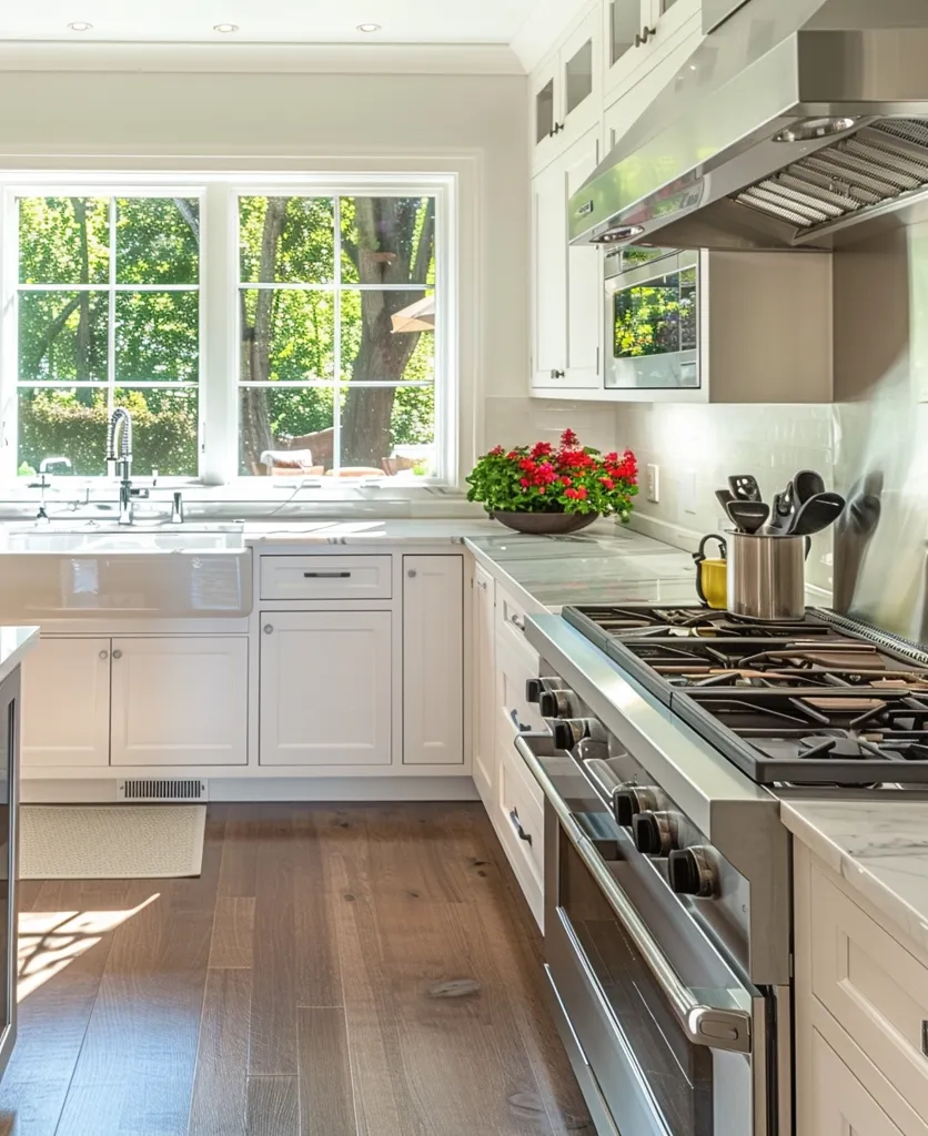 The kitchen is decorated in a modern style with white cabinets, stainless steel appliances, and light wood floors. There is a large window that lets in plenty of natural light. The kitchen is well-equipped with everything you need to cook a delicious meal. There is a large stove, a double oven, and a dishwasher. The countertops are made of white marble. There is a large island in the middle of the kitchen that has a sink and a breakfast bar. The kitchen is open to the living room, making it a great space for entertaining guests.