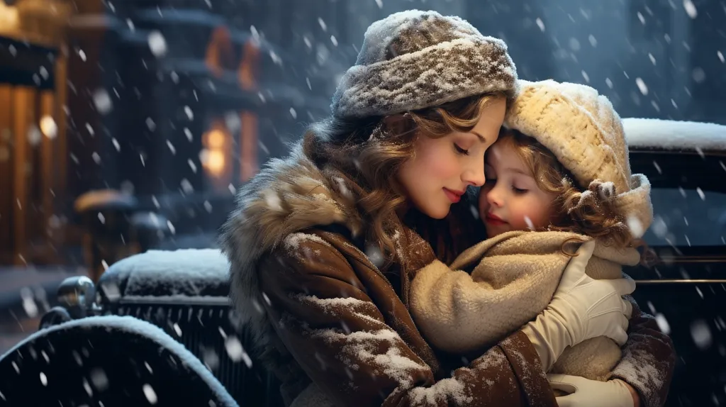 This is a picture of a mother and her child in the snow. The mother is wearing a fur coat and a hat, and the child is wearing a white dress and a fur coat. They are standing in front of a black car. The mother is smiling and has her arms wrapped around the child. The child is looking up at the mother and smiling. It's snowing lightly, and the ground is covered in snow.