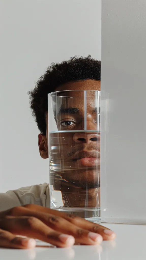 A young man with a glass on water in front of his face. The glass is held by his hand. The glass is half full of water. The man's expression is obscured by the glass. The background is white.