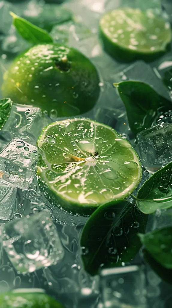 This is a close-up image of a green lime. The lime is cut into wedges and placed on a bed of ice. The lime wedges are wet and glistening in the light. The image has a very refreshing and summery feel to it.