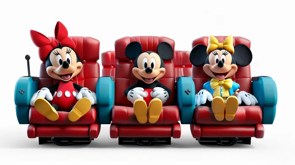 Mickey Mouse and his friends are sitting in a row of red theater seats. Mickey is in the middle, Minnie is on the left, and Donald is on the right. They are all wearing 3D glasses except for Donald.