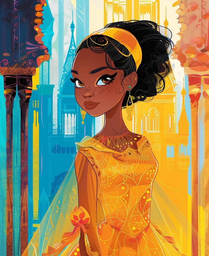 This is a picture of a beautiful black princess. She is wearing a yellow dress with a white sash. She has brown eyes and black hair with a gold headband. She is standing in front of a blue and yellow castle.