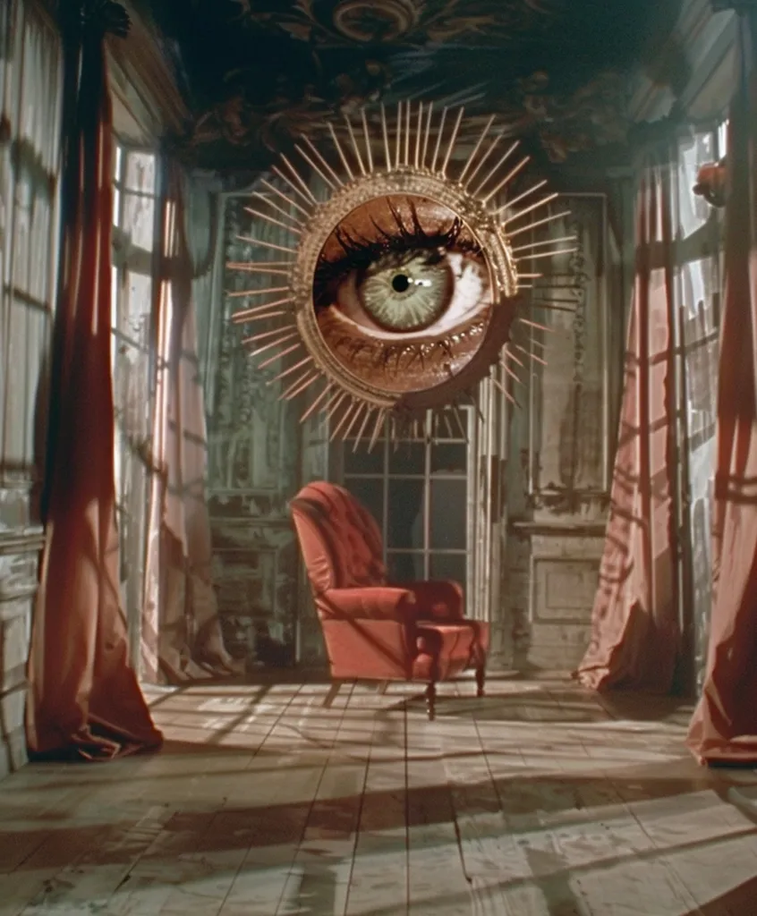 The image is a surreal and unsettling depiction of a room. The room is dark and shadowy, with a single chair placed in the center. The walls are lined with red curtains, and there is a large eye-shaped mirror hanging above the chair. The eye is green and appears to be staring at the viewer. The image is full of symbolism and could be interpreted in many different ways.